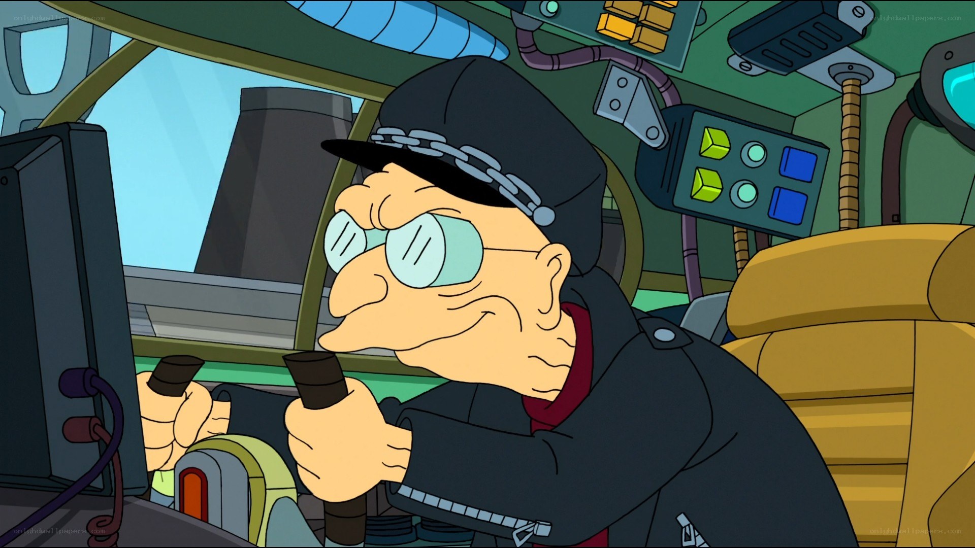Futurama character in cockpit