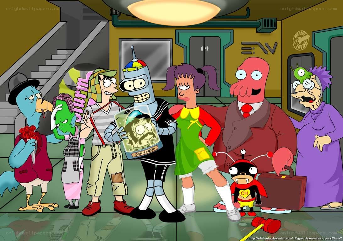 Futurama characters in a hallway