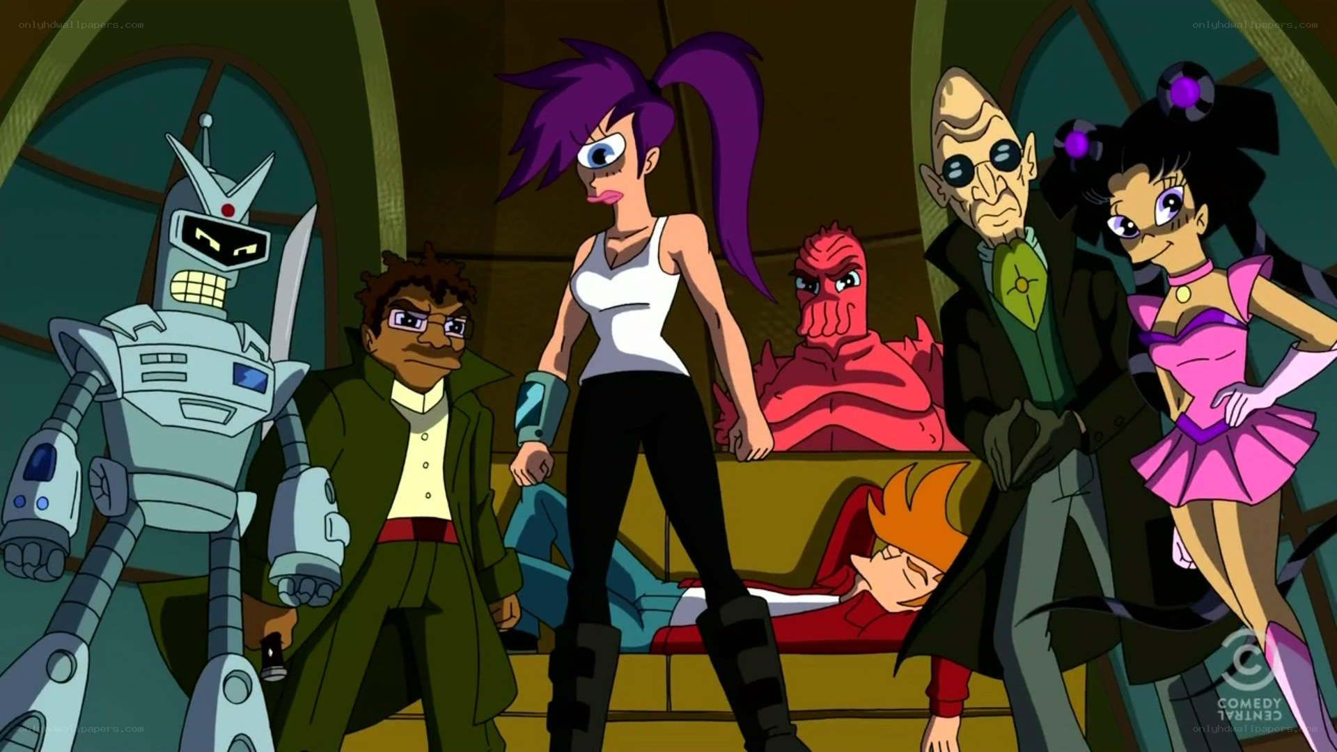 Futurama characters in a room