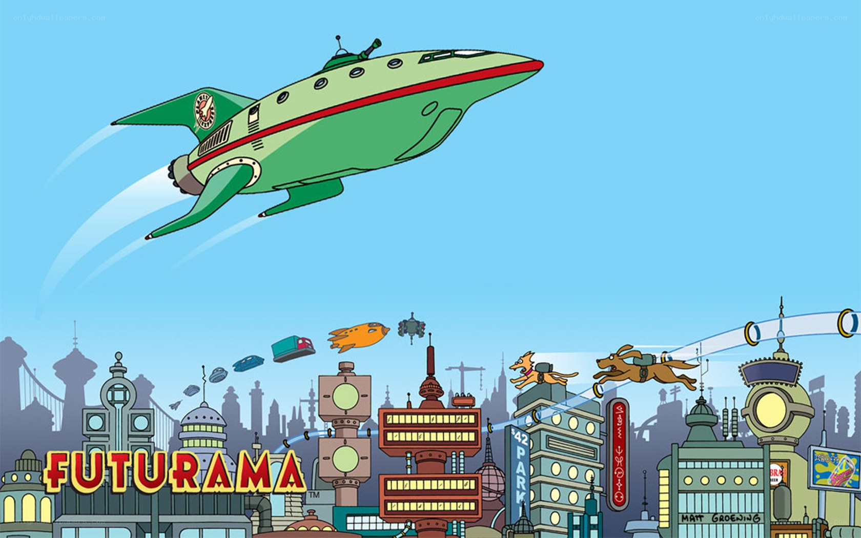 Futurama cityscape with spaceship