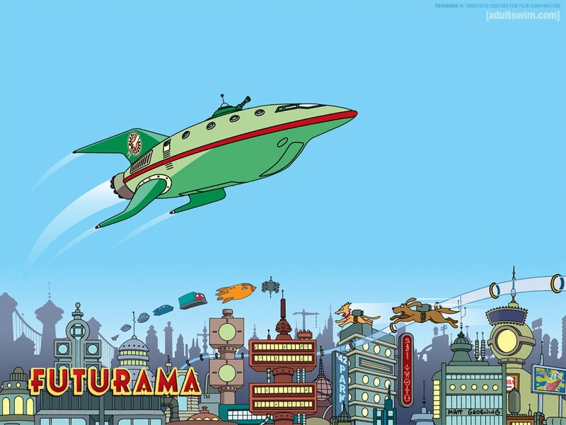 Futurama cityscape with spaceship