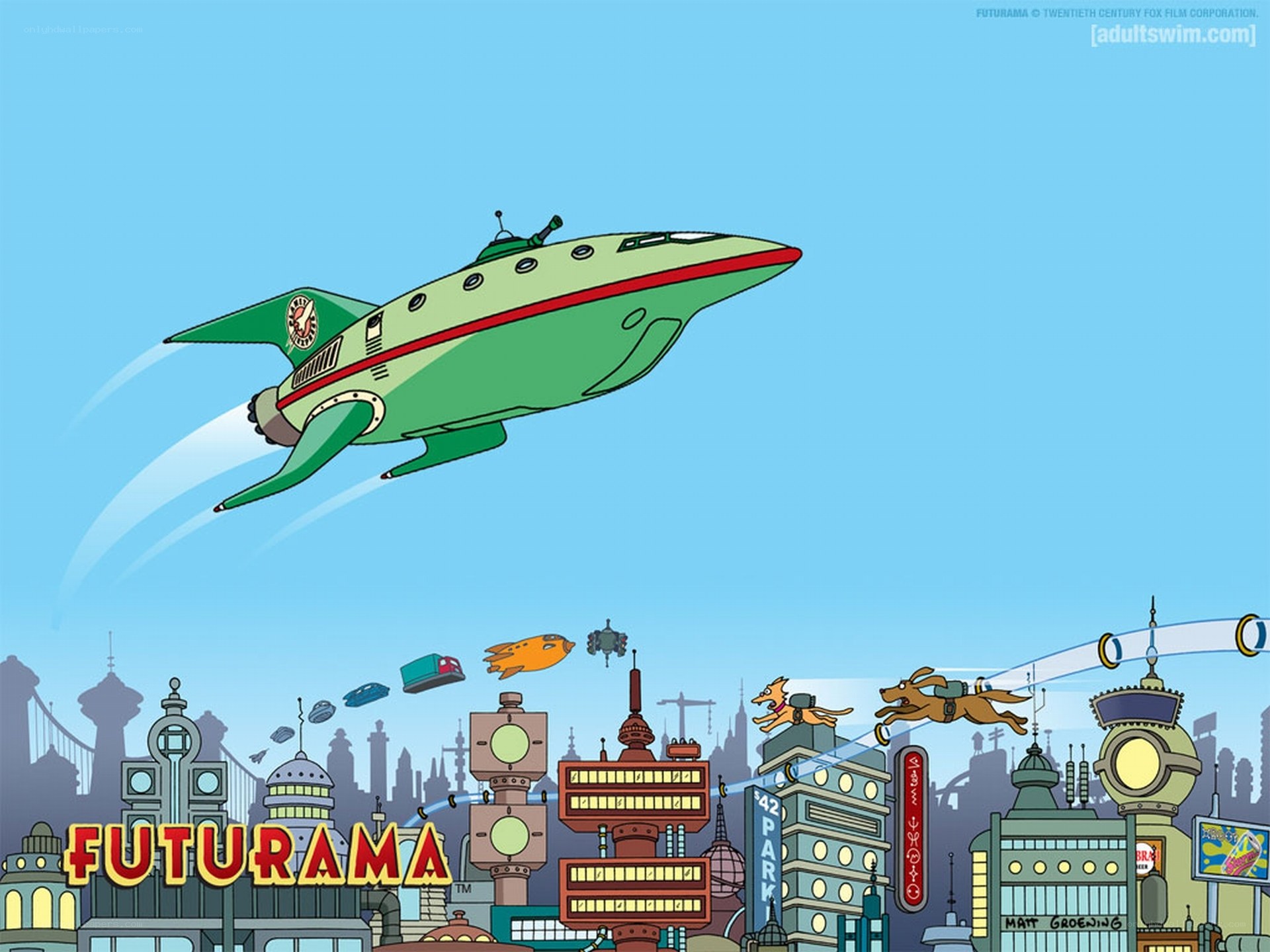 Futurama cityscape with spaceship
