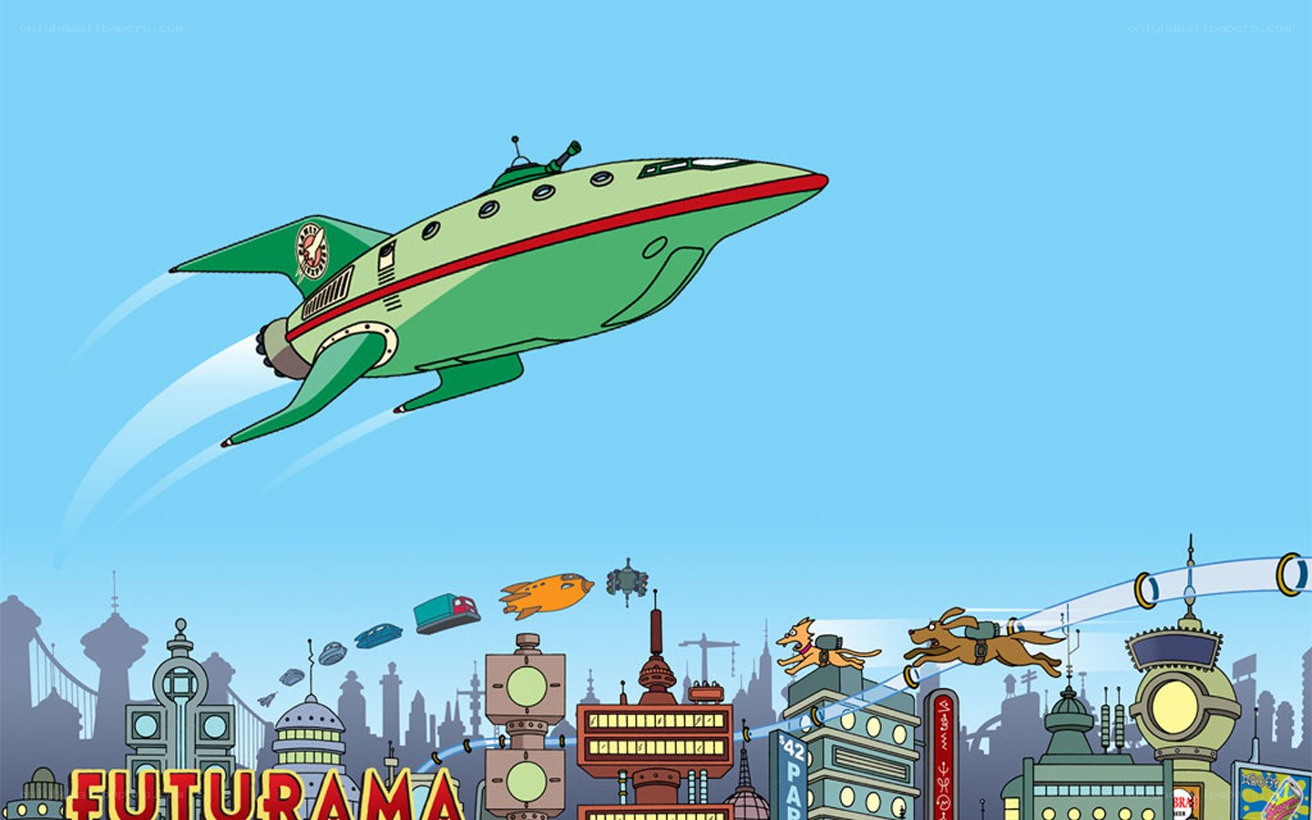 Futurama spaceship flying over city