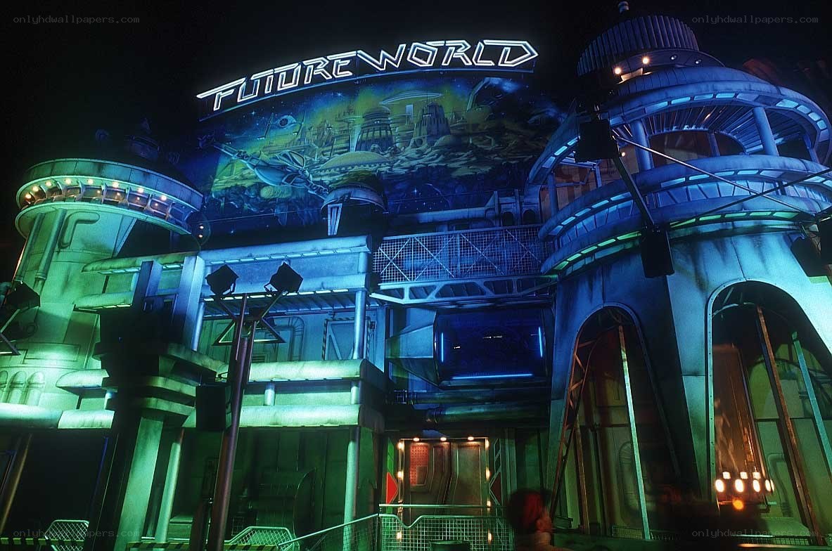 Futureworld attraction at night