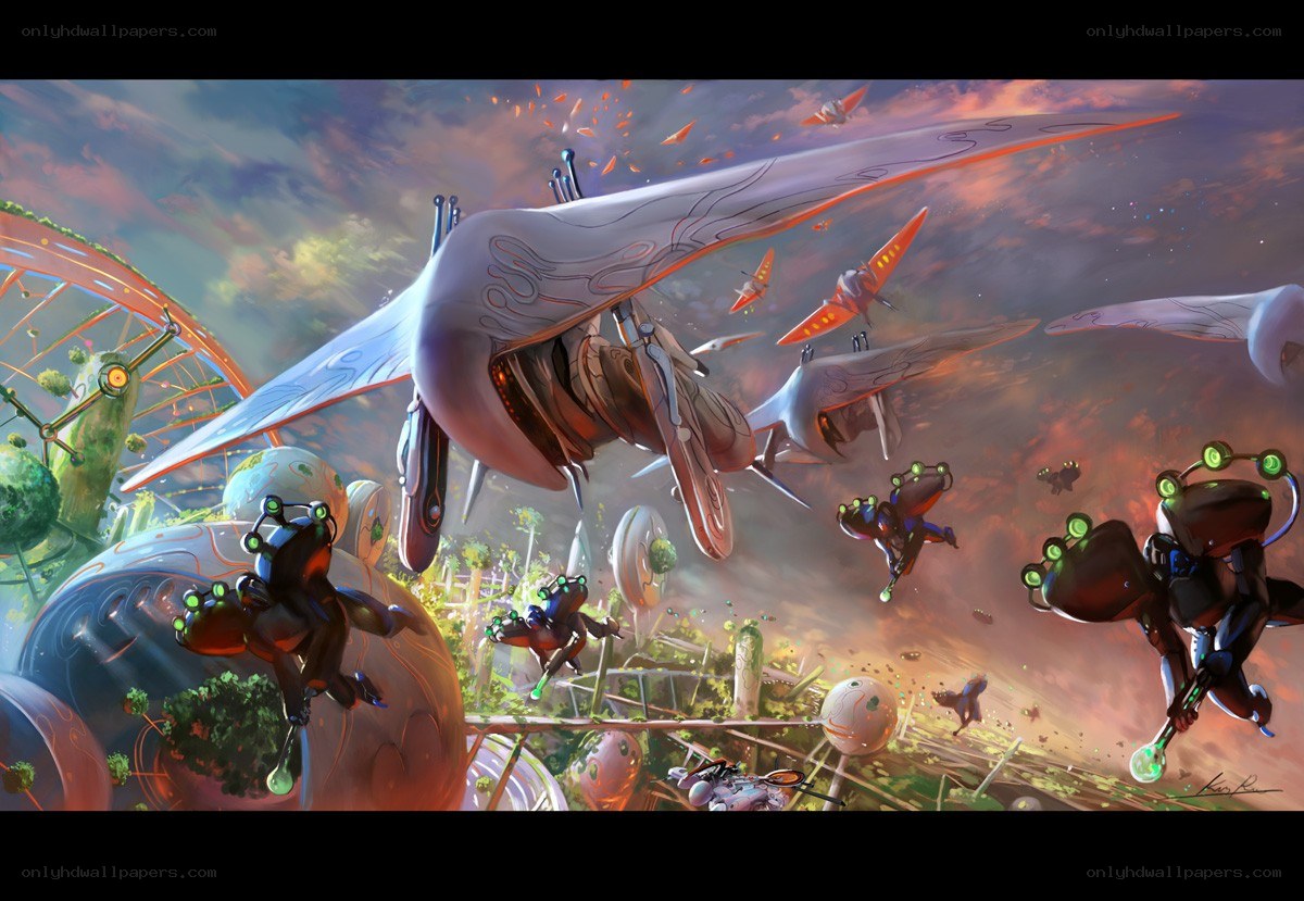 Futuristic aerial battle scene