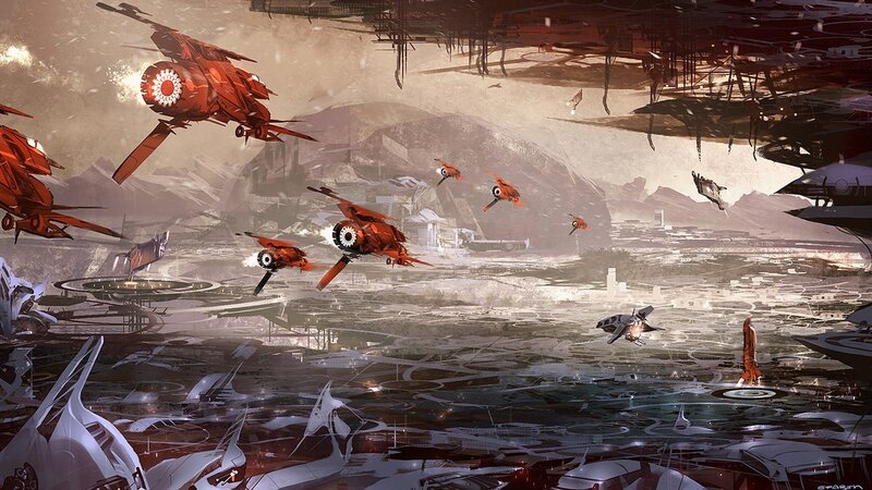 Futuristic aerial combat scene