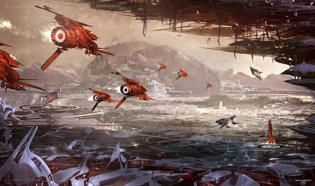 Futuristic aerial combat scene