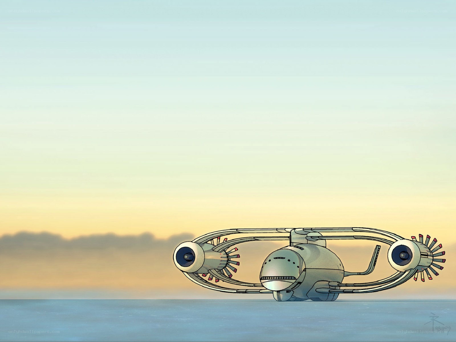 Futuristic aircraft at sunset