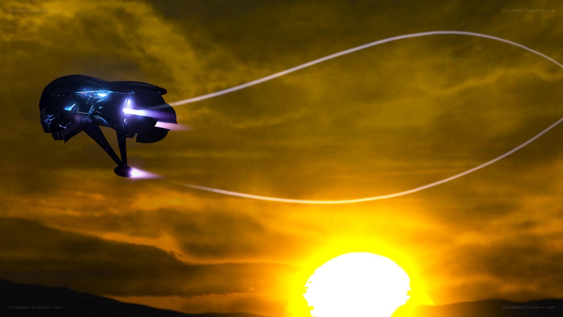 futuristic aircraft at sunset