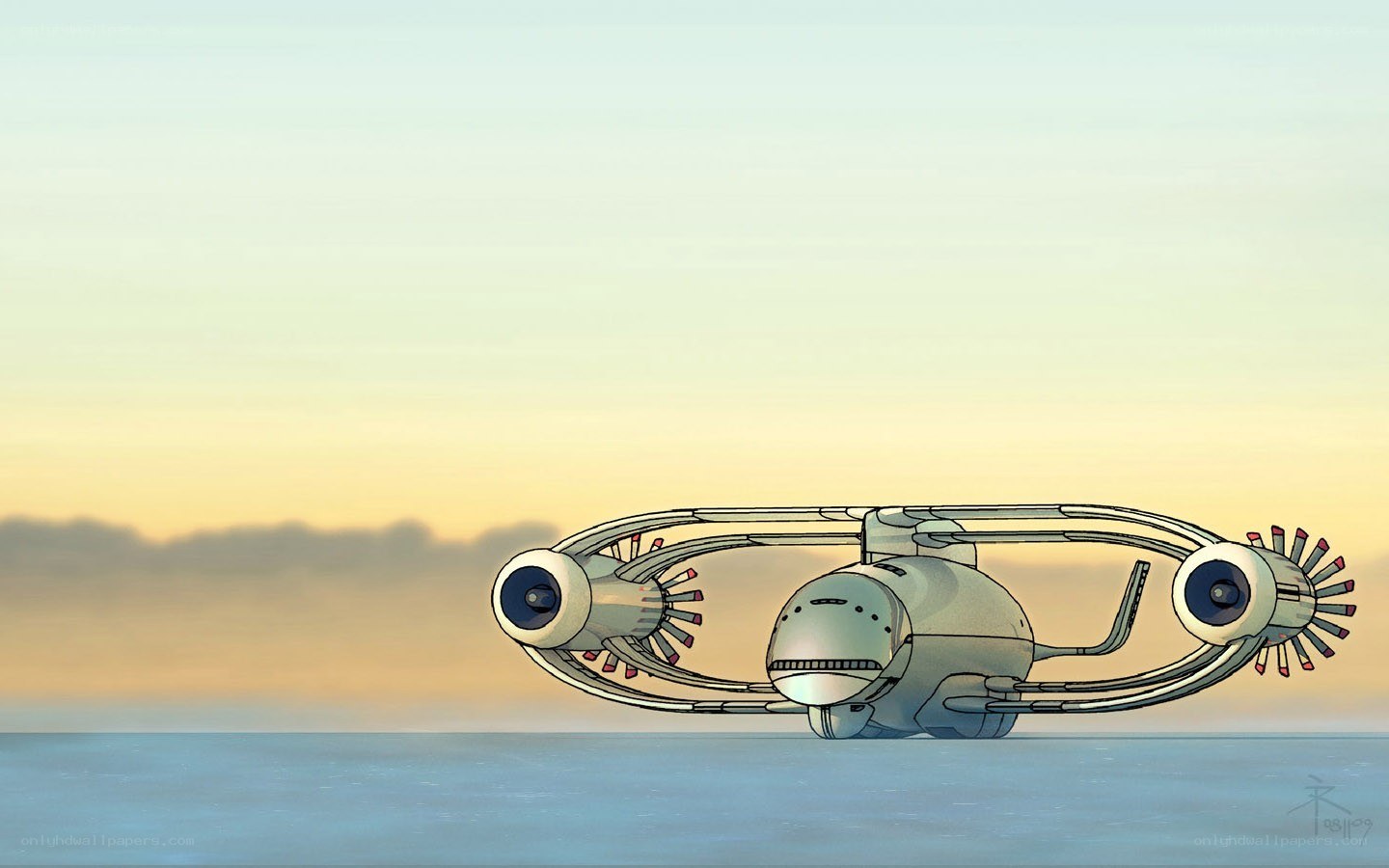 futuristic aircraft at sunset