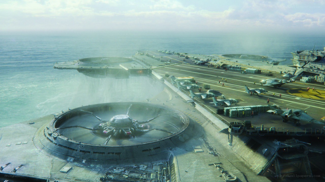 futuristic aircraft carrier at sea