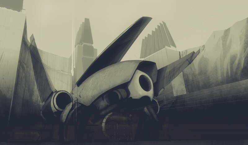 futuristic aircraft in a city