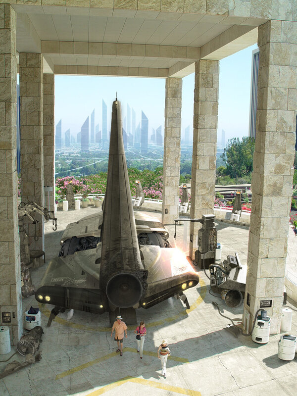 futuristic aircraft in a city