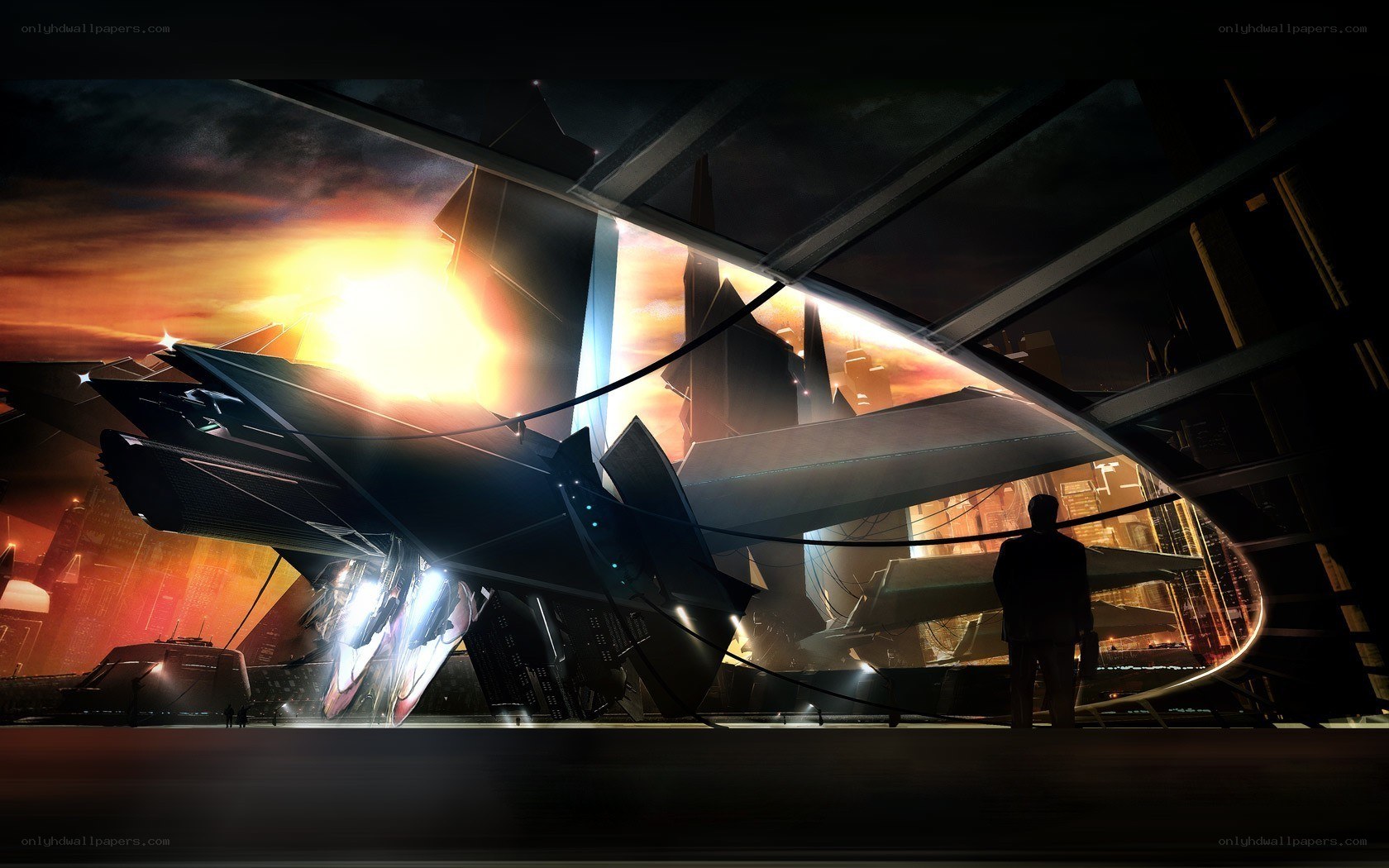futuristic aircraft in city