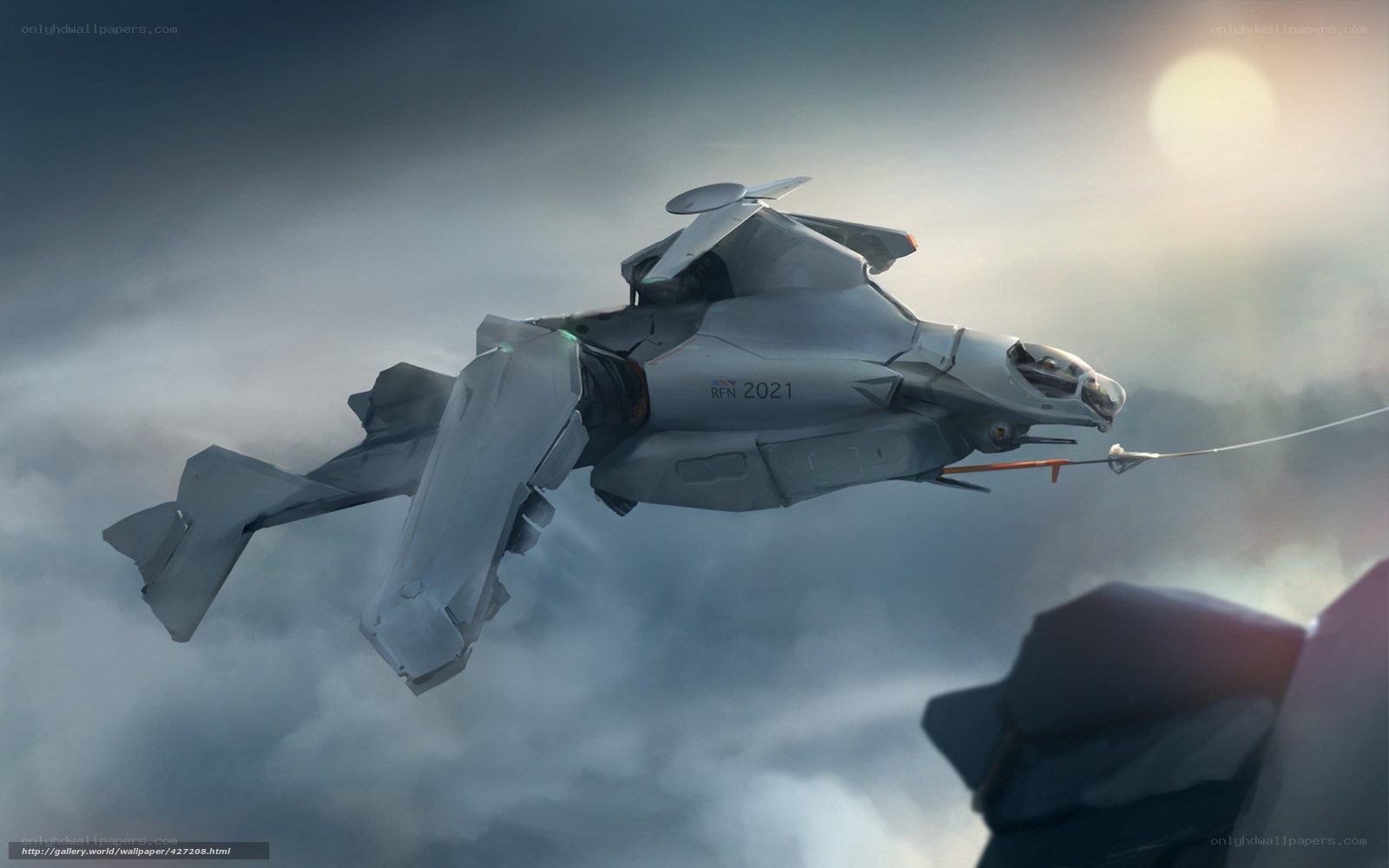 Futuristic aircraft in cloudy sky