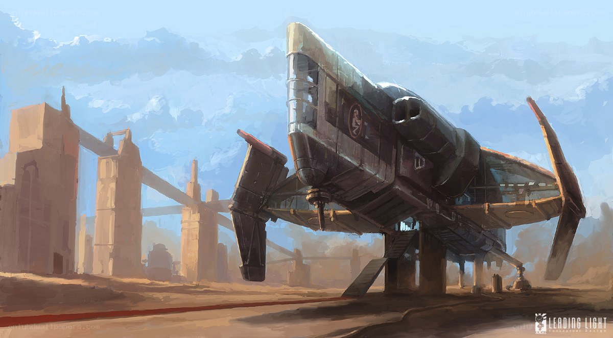 futuristic aircraft in desert city