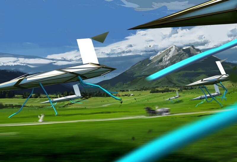 futuristic aircraft in green valley