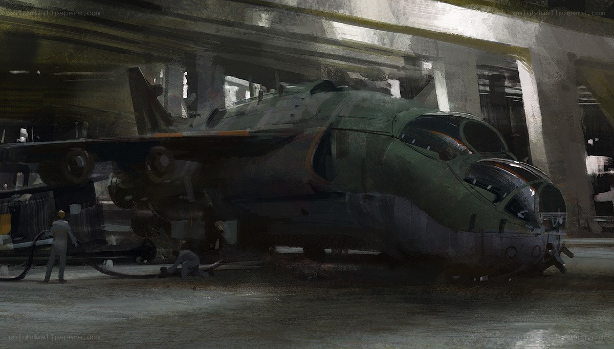 Futuristic aircraft in hangar