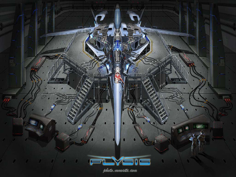 Futuristic aircraft in hangar
