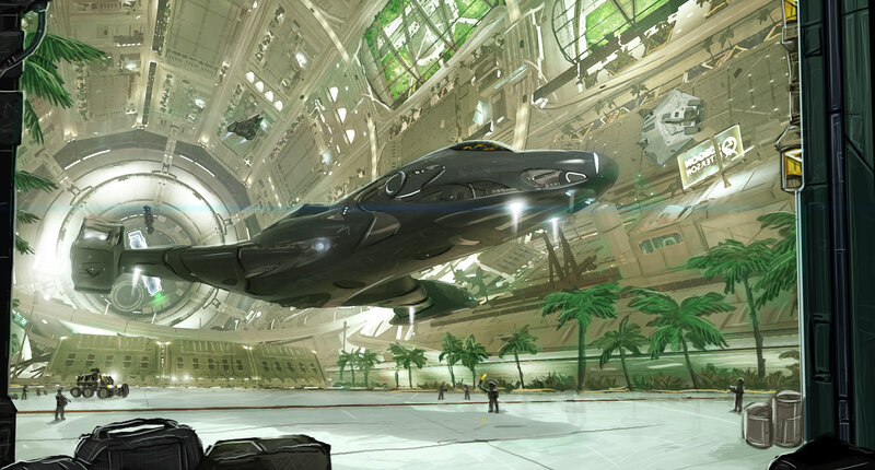 Futuristic Aircraft in Hangar — Gray, Dramatic