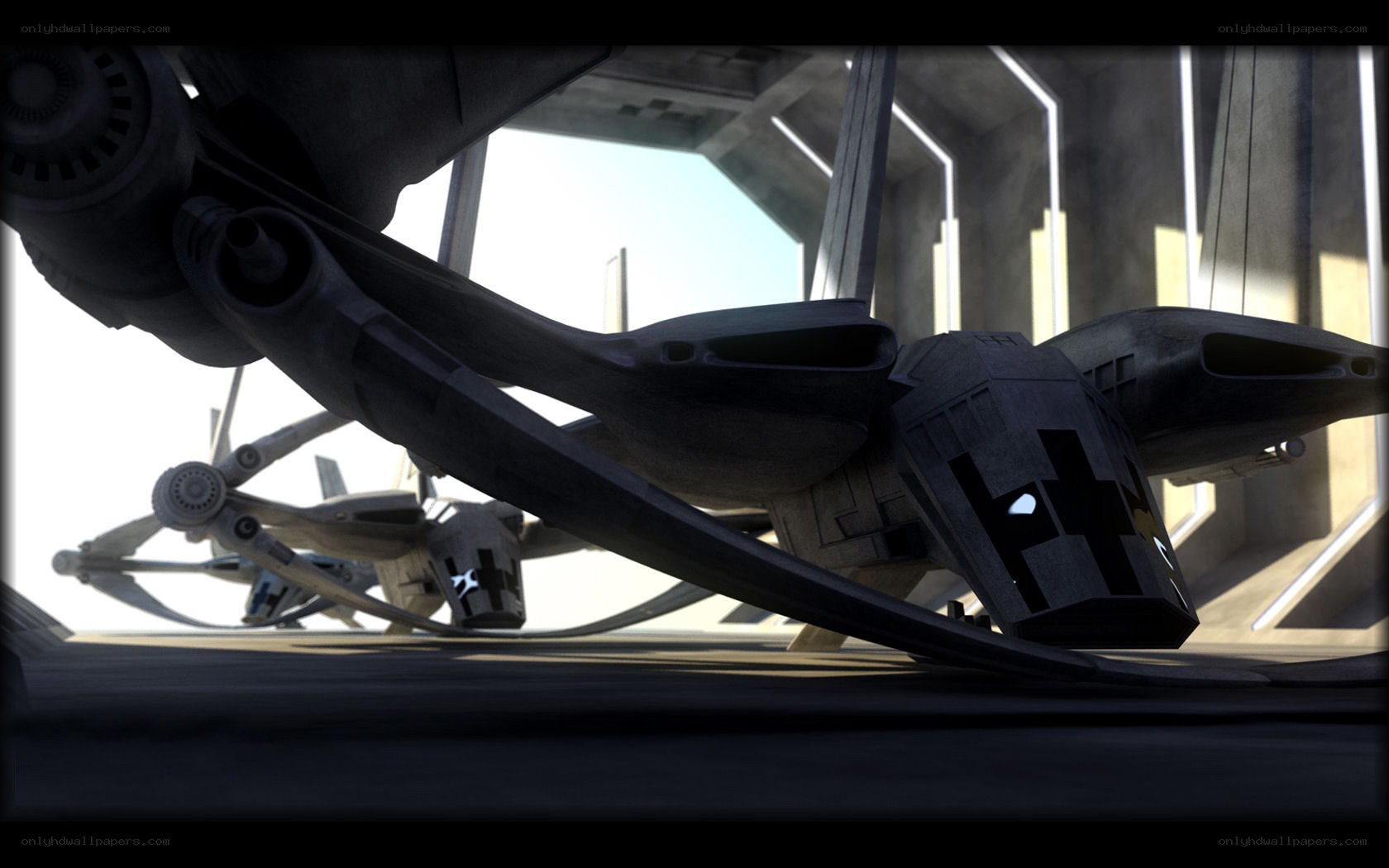 futuristic aircraft in hangar
