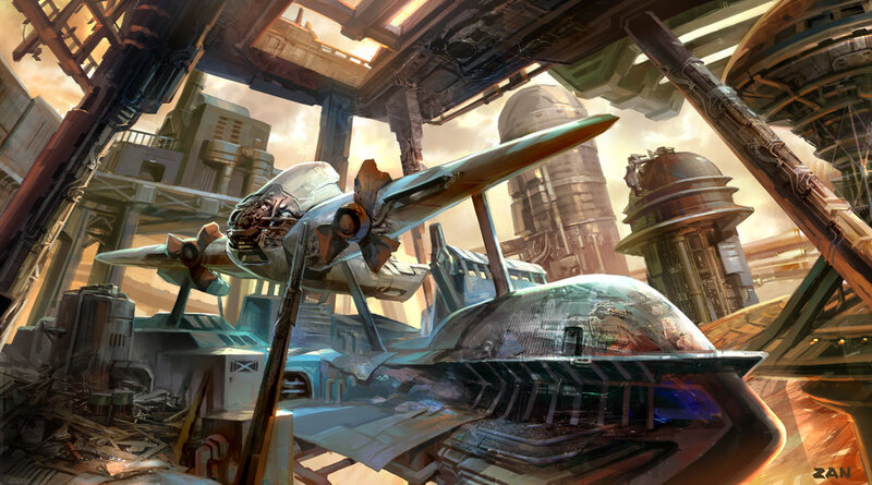 futuristic aircraft in industrial hangar