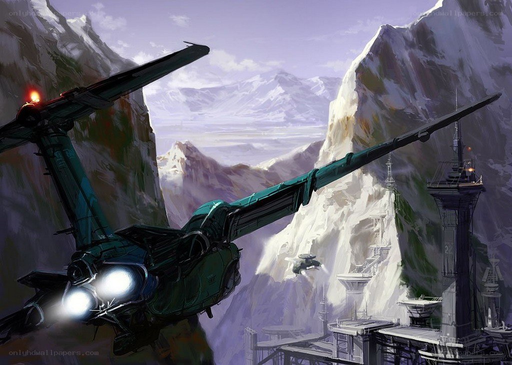 Futuristic aircraft in mountain pass