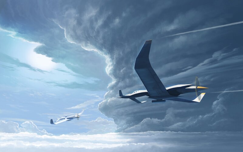 Futuristic aircraft in stormy sky