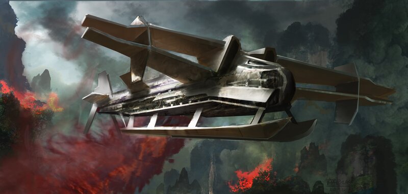 futuristic aircraft in volcanic landscape