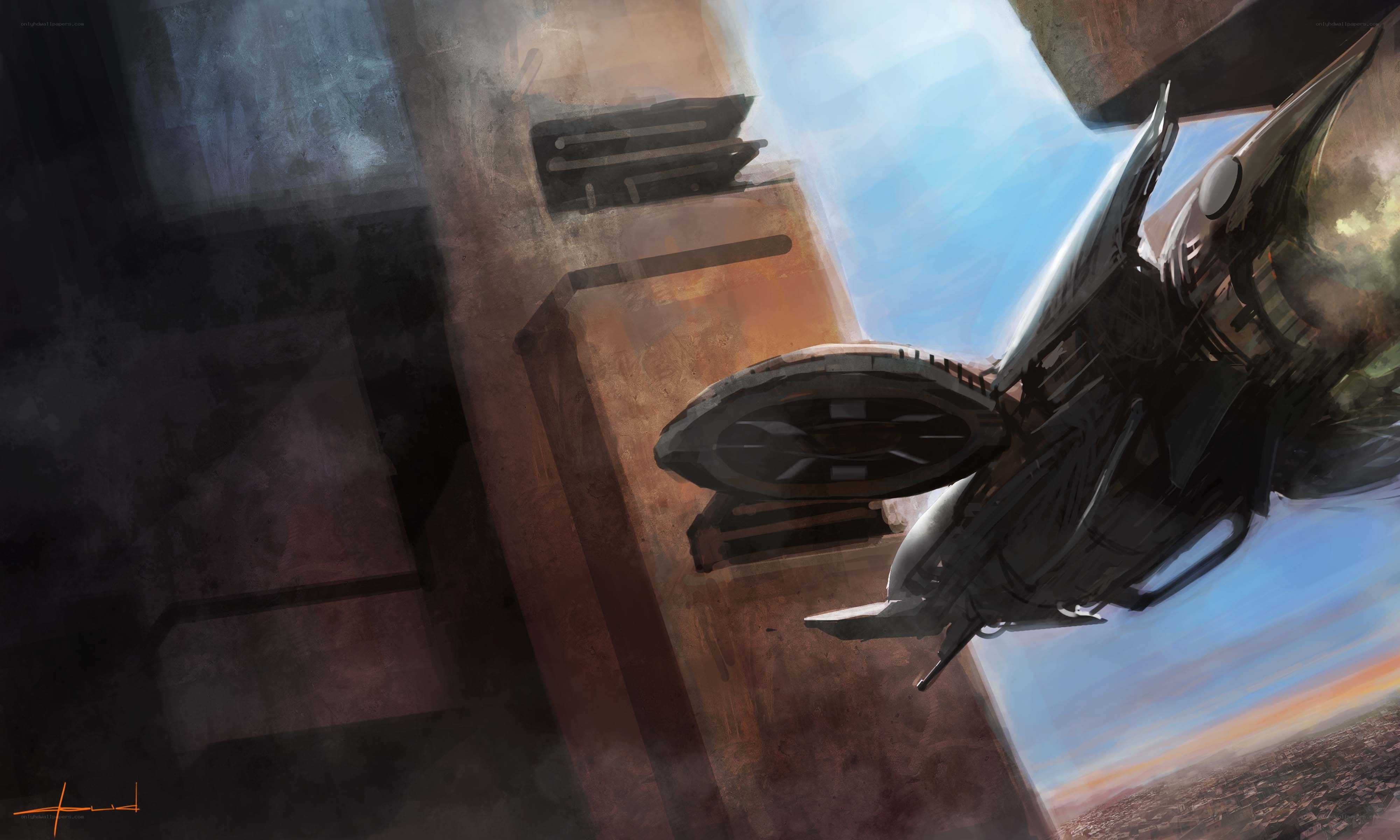 futuristic aircraft near building