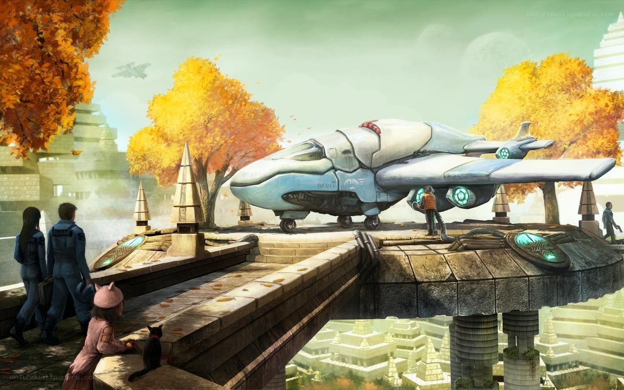 Futuristic aircraft on a bridge