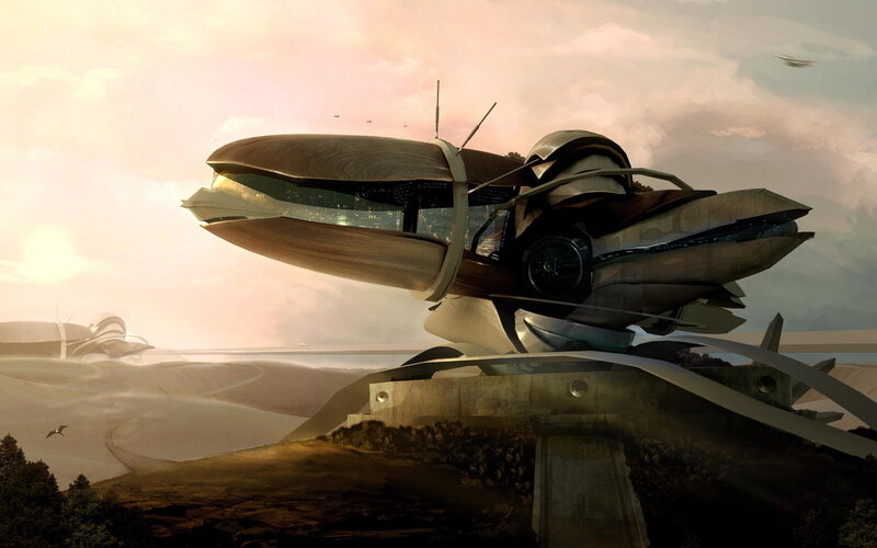 futuristic aircraft on launch pad