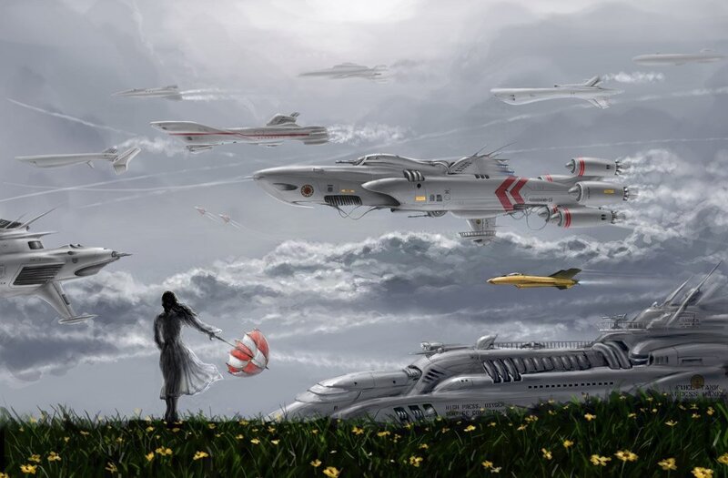 Futuristic aircraft over a field