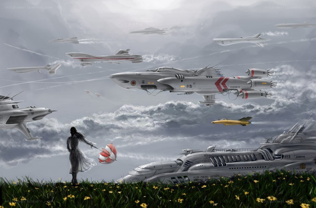 Futuristic aircraft over a field