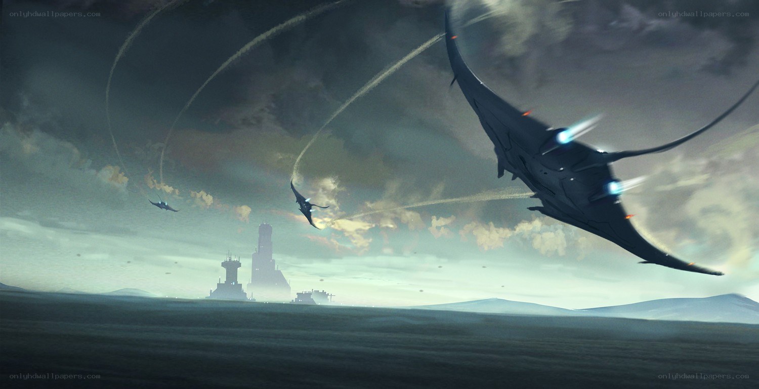 Futuristic aircraft over alien landscape
