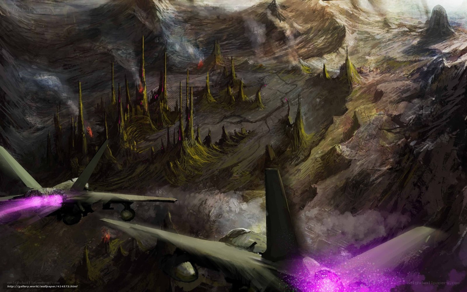 Futuristic aircraft over alien landscape