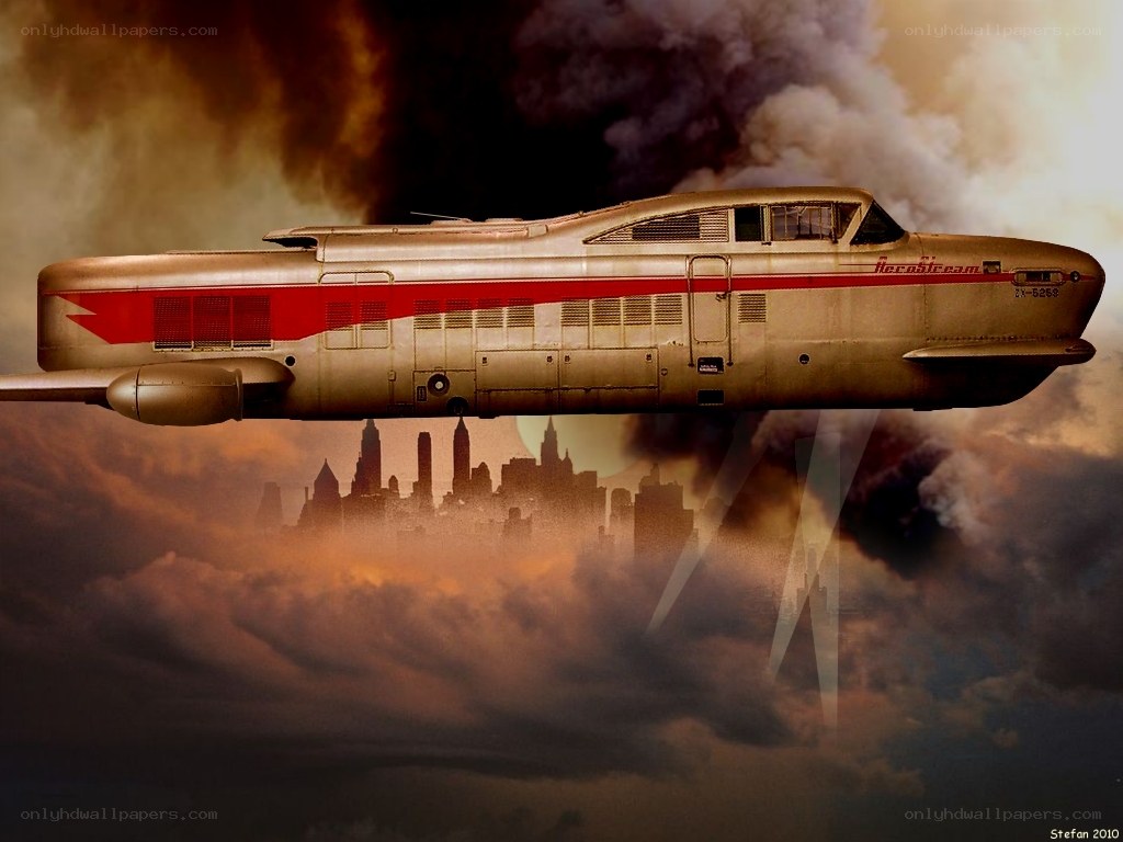 Futuristic aircraft over city