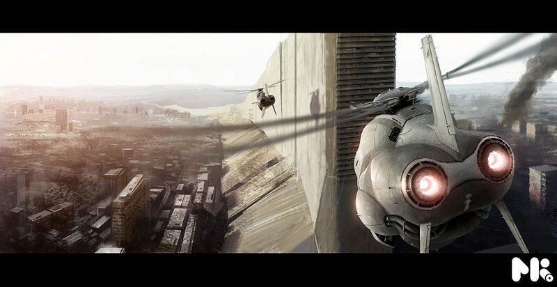Futuristic aircraft over city