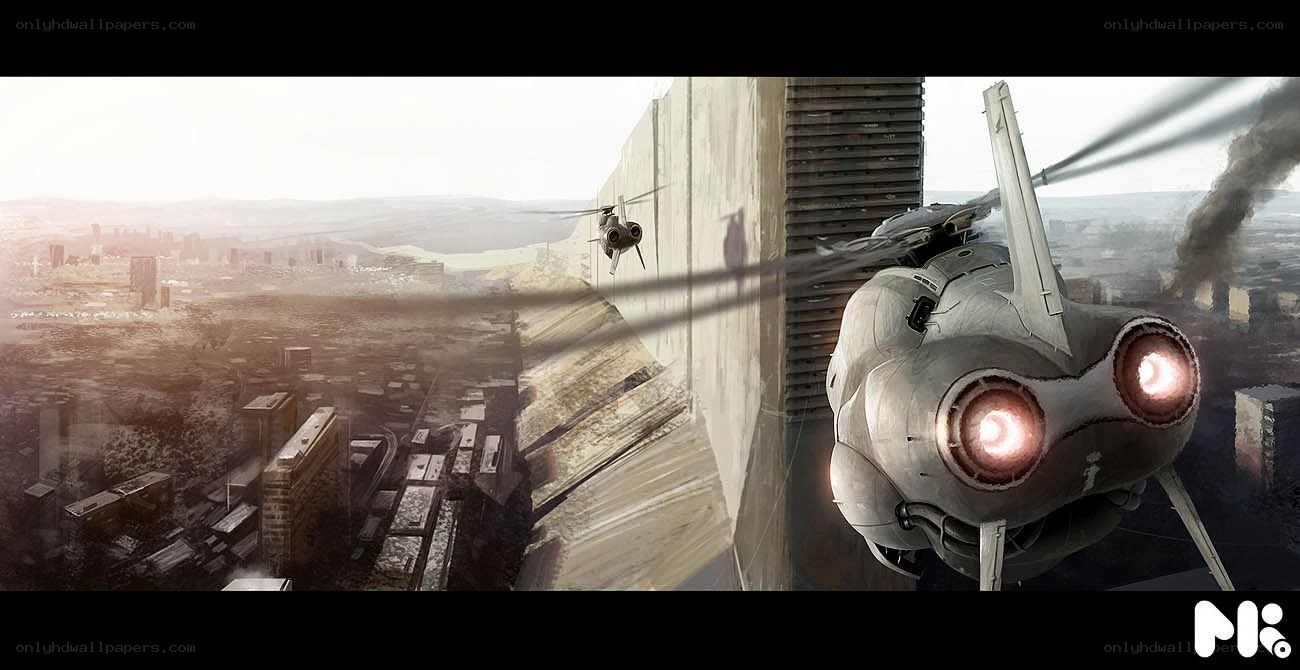 Futuristic aircraft over city