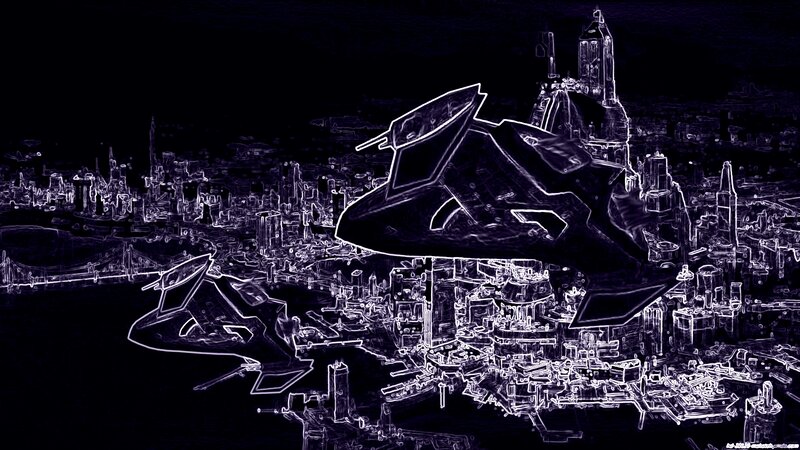 Futuristic Aircraft over City — Black