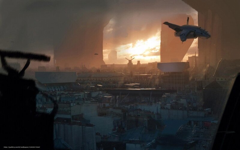 Futuristic Aircraft over City — Orange
