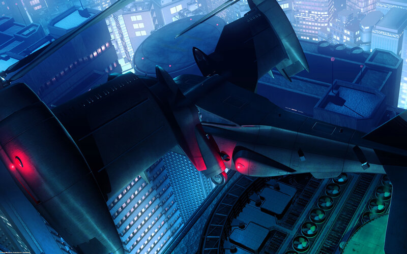 futuristic aircraft over city