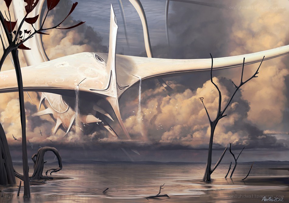 Futuristic aircraft over desolate landscape