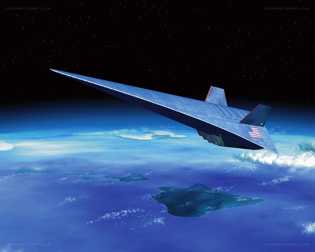 Futuristic aircraft over Earth