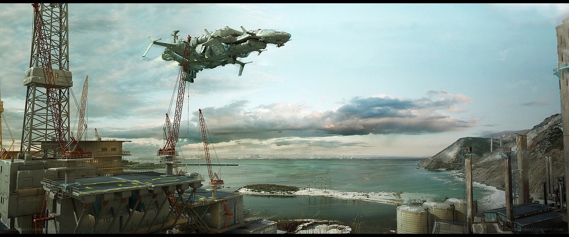 Futuristic aircraft over industrial port