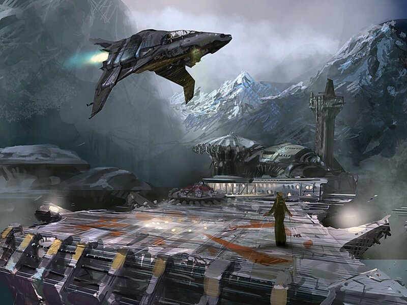 futuristic aircraft over mountain base