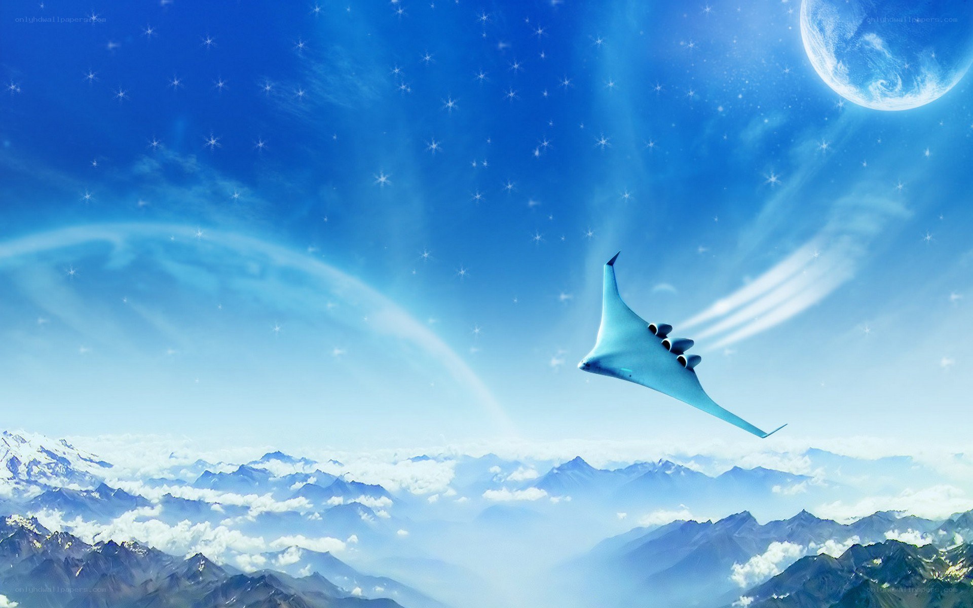 Futuristic aircraft over mountains