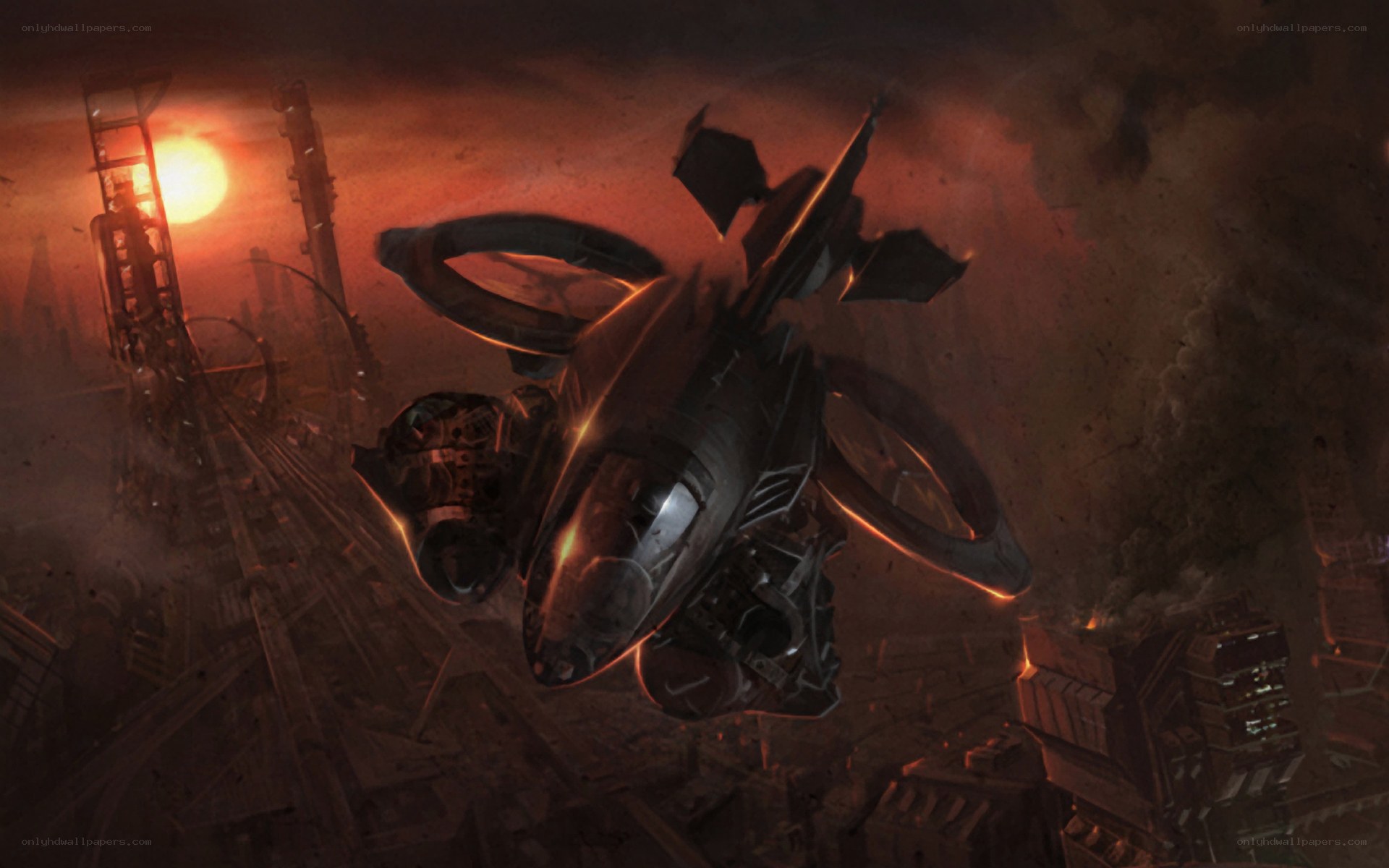 futuristic aircraft over ruined city