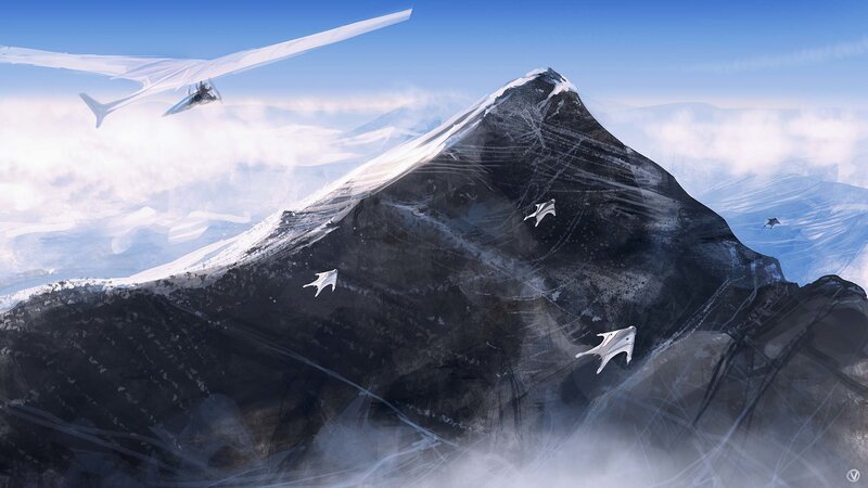 Futuristic aircraft over snowy mountains