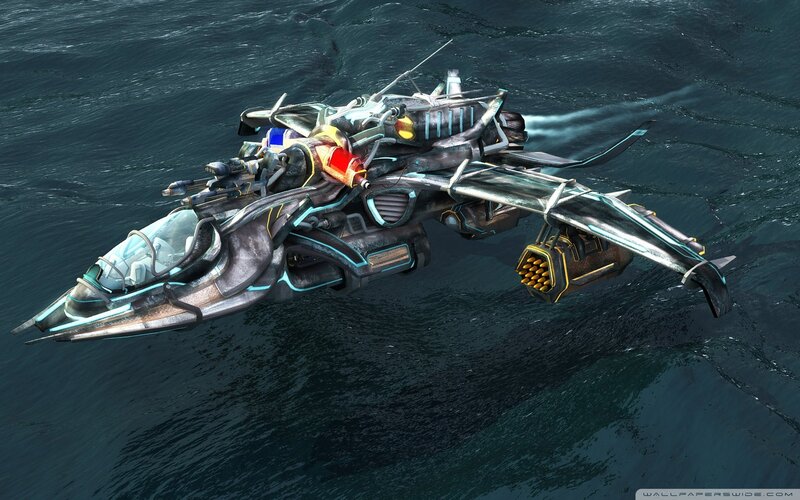 Futuristic Aircraft over Water — Blue